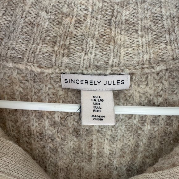 Sincerely Jules Beige Cropped Zip Mock Neck Wool Blend Ribbed Knit Sweater Large - Picture 3 of 4